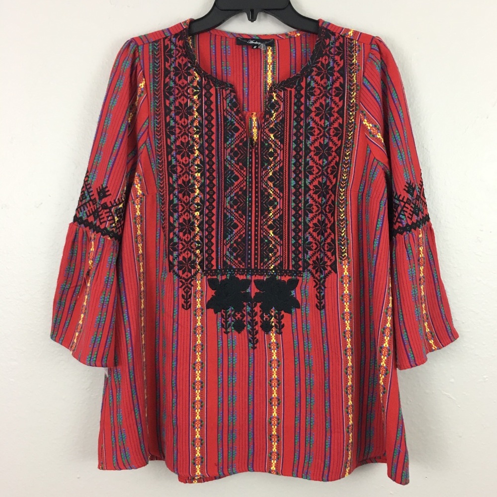 Andree by Unit Striped Embroidered Bell Sleeve Top